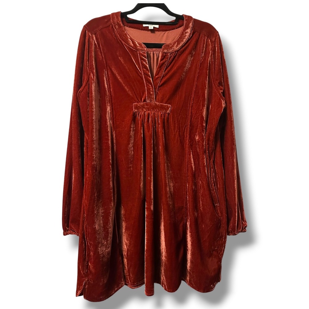 Easel Soft Velvet Babydoll Mini Tunic Dress Long Sleeve Rust Orange L Boho Luxe - Picture 2 of 12